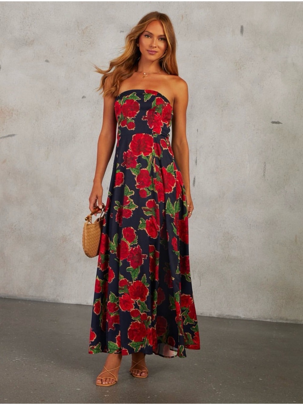 Vici Navy Strapless Maxi Dress with Red Floral Print